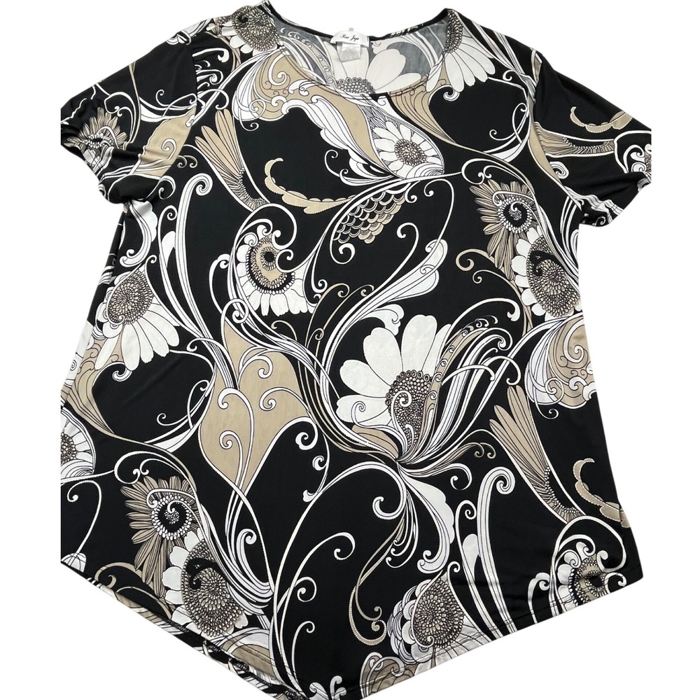 Rue Juju Womens Floral Swirl Short Sleeve Top Black Tan White Spandex Blouse
